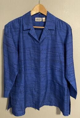 Chicos Womens Tunic Size 2 US Large Blue Silk Satin Floral Embroidered Boho